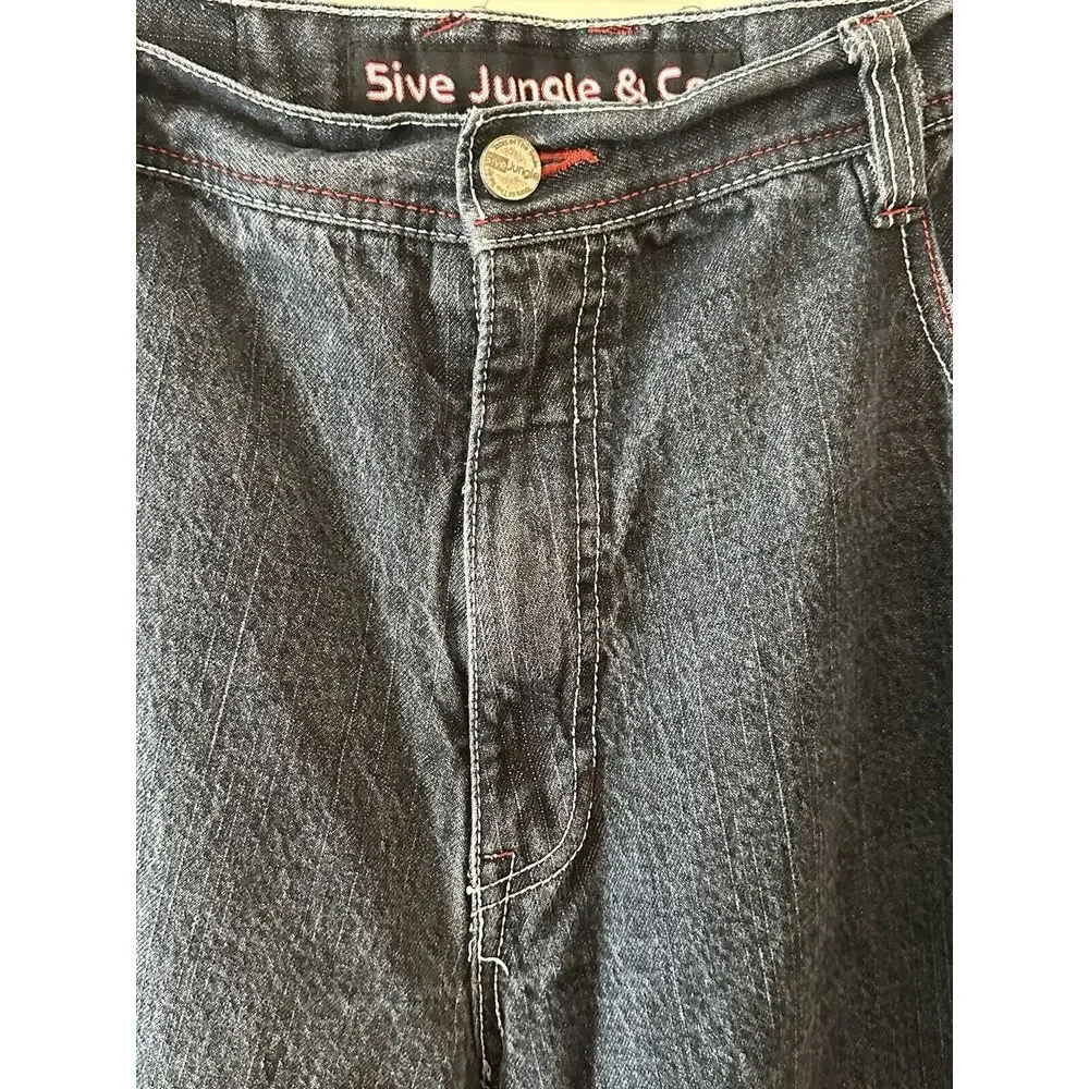 5ive Jungle Black Shorts Men Denim Baggy Hip‎ Hop Y2K Red Chain Stitching Sz 40